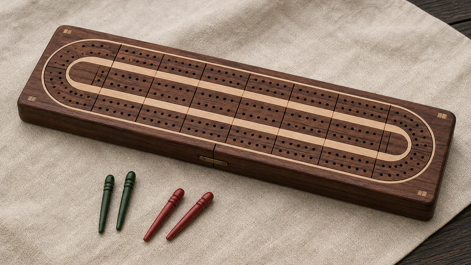 Wooden 121-hole cribbage board with green and red pegs
