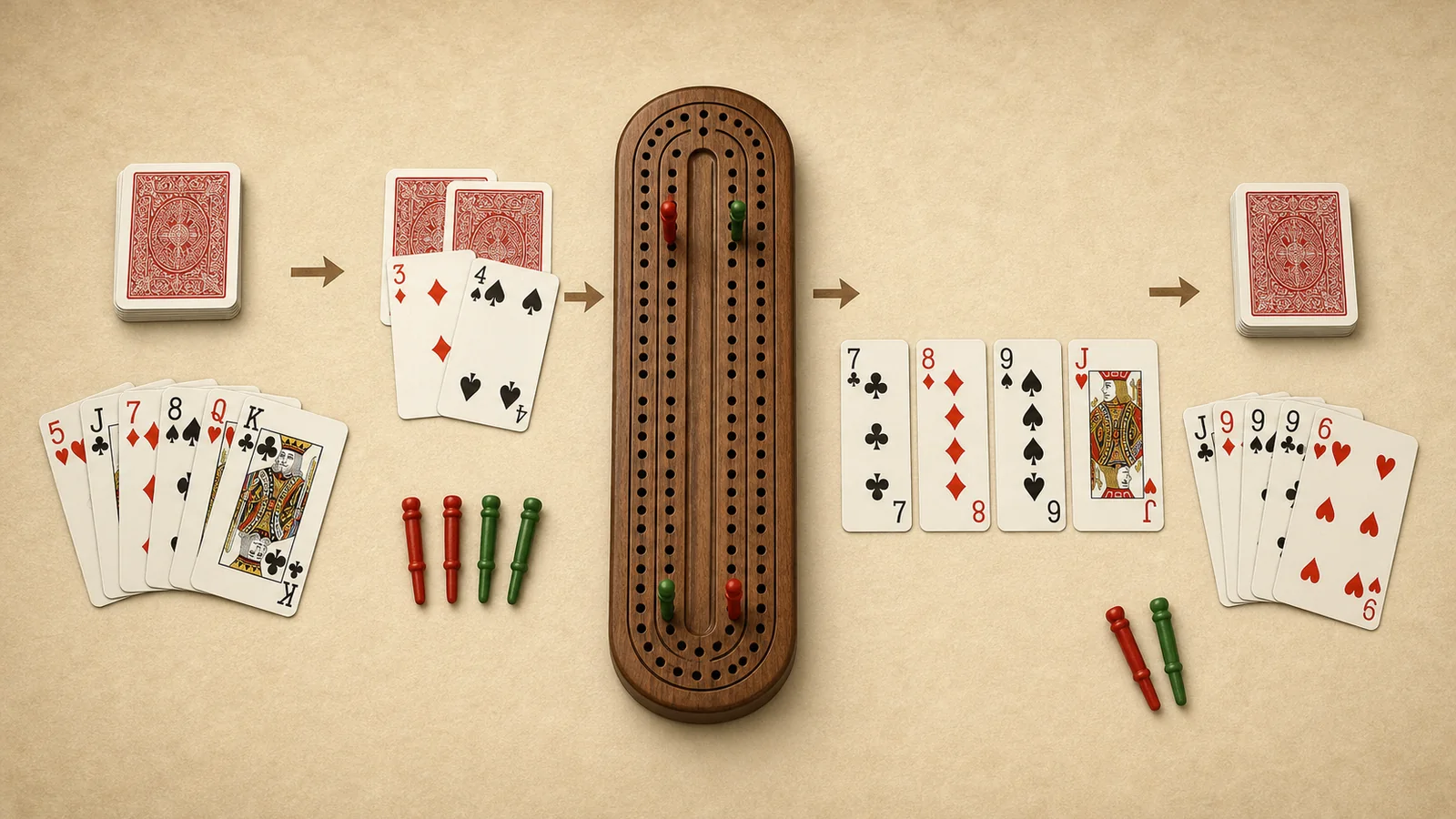 Cribbage cards, board, and pegs arranged to show the stages of a hand